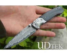 Steel pattern black fox Damascus folding knife with natural ebony wood handle UD2105513A